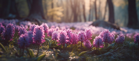 Spring glade in forest with flowering pink and purple hyacinths, AI Generated Imageの素材