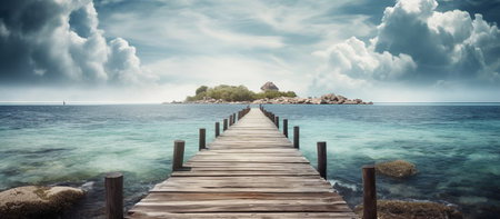 tropical summer travel and vacation. wooden pier to an island , AI Generated Imageの素材