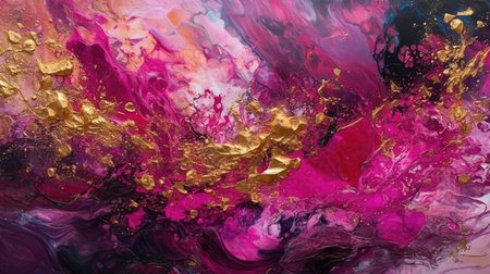 Beautiful Magenta and Pink Paint Swirls with Gold Glitter, AI Generatedの素材
