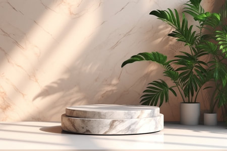 display podium marble and leaves AI Generated Imageの素材