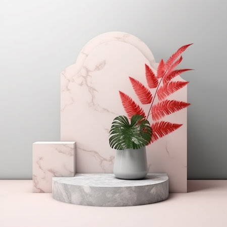 display podium marble and leaves AI Generated Imageの素材