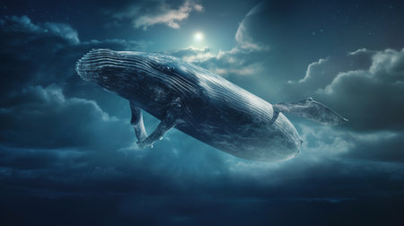 big whale flying over blue clouds AI generated imageの素材
