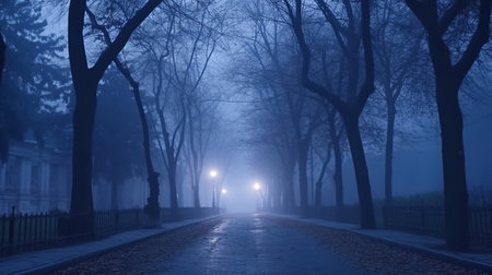 Twilight in a city park or forest. AI generated imageの素材