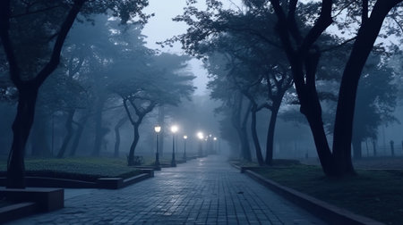 Twilight in a city park or forest. AI generated imageの素材