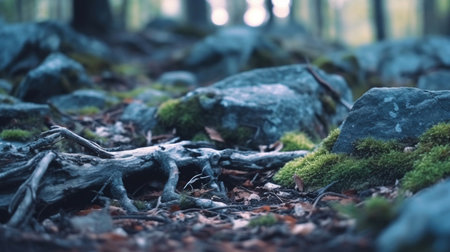 Stones and old tree roots on the ground AI generated imageの素材