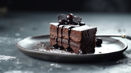 Chocolate cake on a white plate. AI generated imageの素材