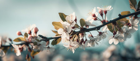 Branches of blossoming cherry macro, AI Generated Imageの素材