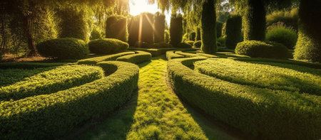 garden in sunlight. Landscaping in garden with beautiful green lawn, AI Generated Imageの素材