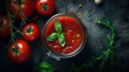 Tomato sauce in a glass jar with fresh herbs, AI generated imageの素材