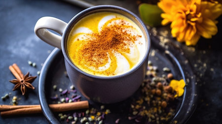 Turmeric drink, latte, tea, milk with cinnamon AI generated imageの素材