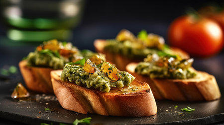Bruschetta, crostini with pesto and tomato. AI generated imageの素材