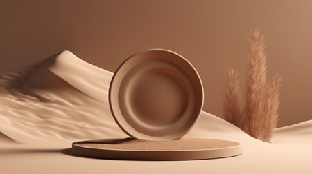 3D background. Podium, stone display. Brown luxury backdrop with desert sand. Minimal pedestal for beauty, cosmetic product presentation, Ai Geneated Imageの素材