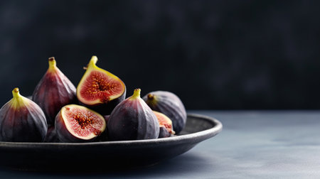 Fresh figs on black plate. AI generated imageの素材