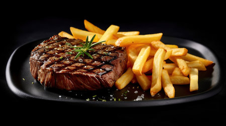 Beef Steak medium rare with French fries AI generated imageの素材