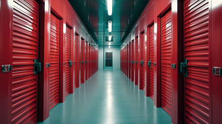 Self storage facility, Storage corridor warehouse. Ai generated imageの素材