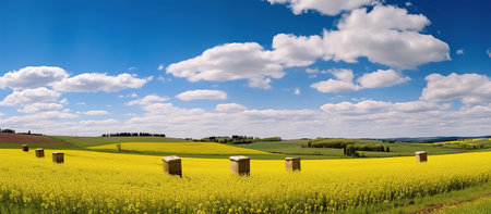 field and beehives AI generated imageの素材