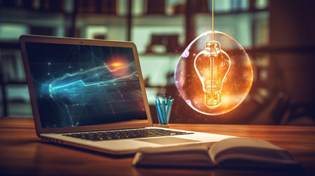 Computer on desktop in office with bulb Generative AIの素材