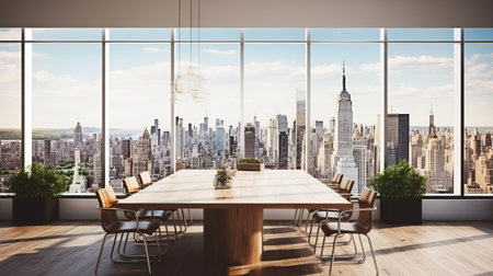 Modern conference room with empty poster and city Generative AIの素材