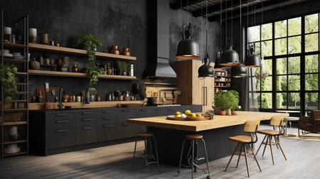 Creative loft black kitchen studio interior with furniture Generative AIの素材