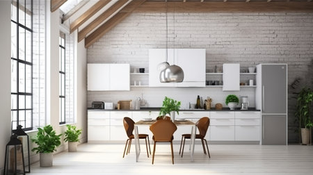New loft white kitchen studio with furniture and decorative objects Generative AIの素材