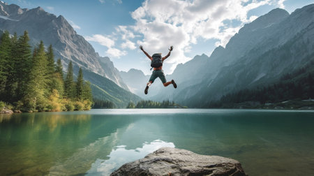 Beautiful mountain landscape with the lake and the jumping man Generative AIの素材