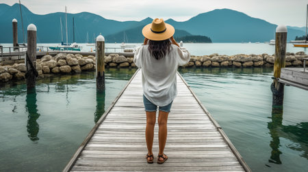 Back view of a young girl in hat taking picture of a sea pier viewの素材