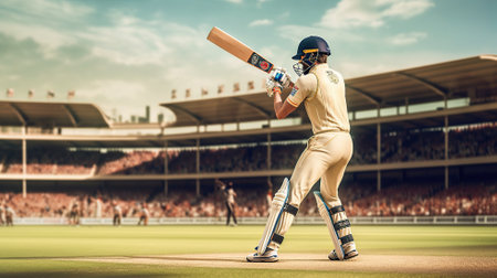 Cricket Batsman in Action on a professional cricket stadium Generative AIの素材