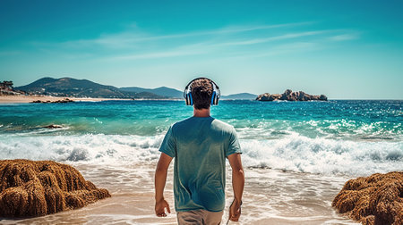 sportsman running at the beach with headphones Generative AIの素材