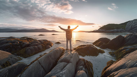 young man standing with raised arm at the rocky beach by the sea looking at sunset Generative AIの素材
