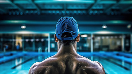 Muscular young man in blue cap in swimming pool Generative AIの素材
