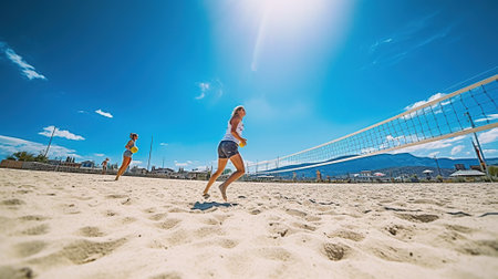 Beach volleyball player in action at sunny day under blue sky. Generative AIの素材