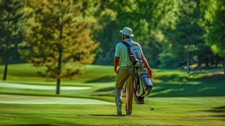 Back view of a male golf player at the green course with a club sack Generative AIの素材