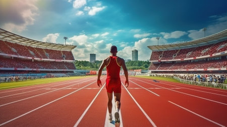 Back view of young sportsman running at the stadium Generative AIの素材