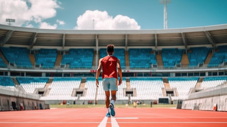 Back view of young sportsman running at the stadium Generative AIの素材