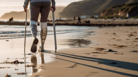 disabled athlete woman with prosthetic leg getting ready to run to run outdoor at the beach Generative AIの素材