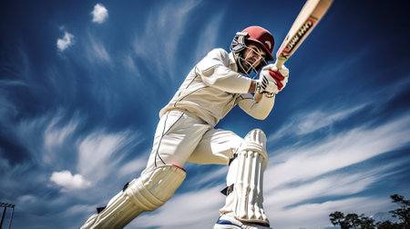 Cricket batsman hitting a ball shot from below against a blue sky Generative AIの素材