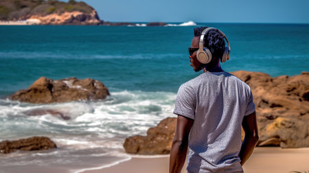 african young man wearing cap walking on the beach Generative AIの素材