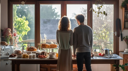 Back view of beautiful young couple standing and looking at the windowの素材