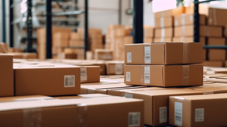 Packed courier on production line against cardboard boxes in warehouse Generative AIの素材