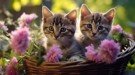 striped kittens are sitting in a basket with spring flowers. Generative AIの素材