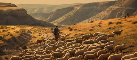 The shepherd on the hillside is grazing the sheep, and the flock raises dustの素材