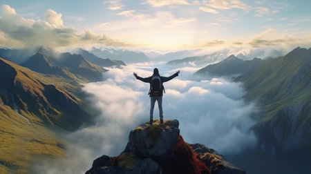 Man traveler on mountain summit enjoying nature Generative AIの素材