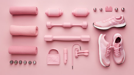 Female fitness flat lay, sneakers Generative AIの素材