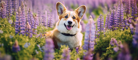 Charming corgi dog in flowers in the spring mountains Generative AIの素材