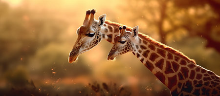 Gorgeous touching moment, parents giraffe taking care of their little. Generative AIの素材