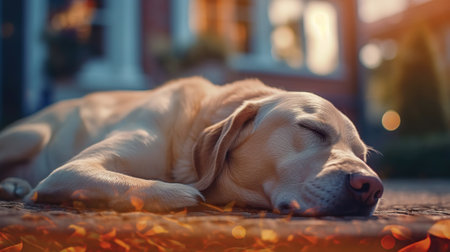 Falling asleep labrador dog on blurred house Generative AIの素材