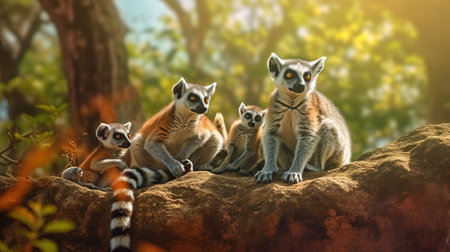 Lemur family. Madagascar wildlife, Generative AI, Generative, AIの素材
