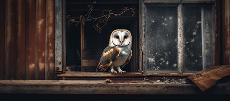 owl perched in a dark rusty windowの素材
