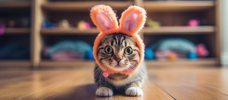 Cute kitty looks at the camera in a bunny costume. Generative AIの素材