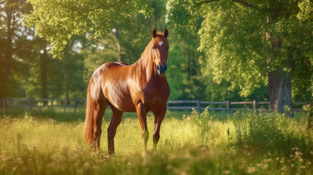 A beautiful chestnut horse stands in a lush grassy meadow, Generative AIの素材